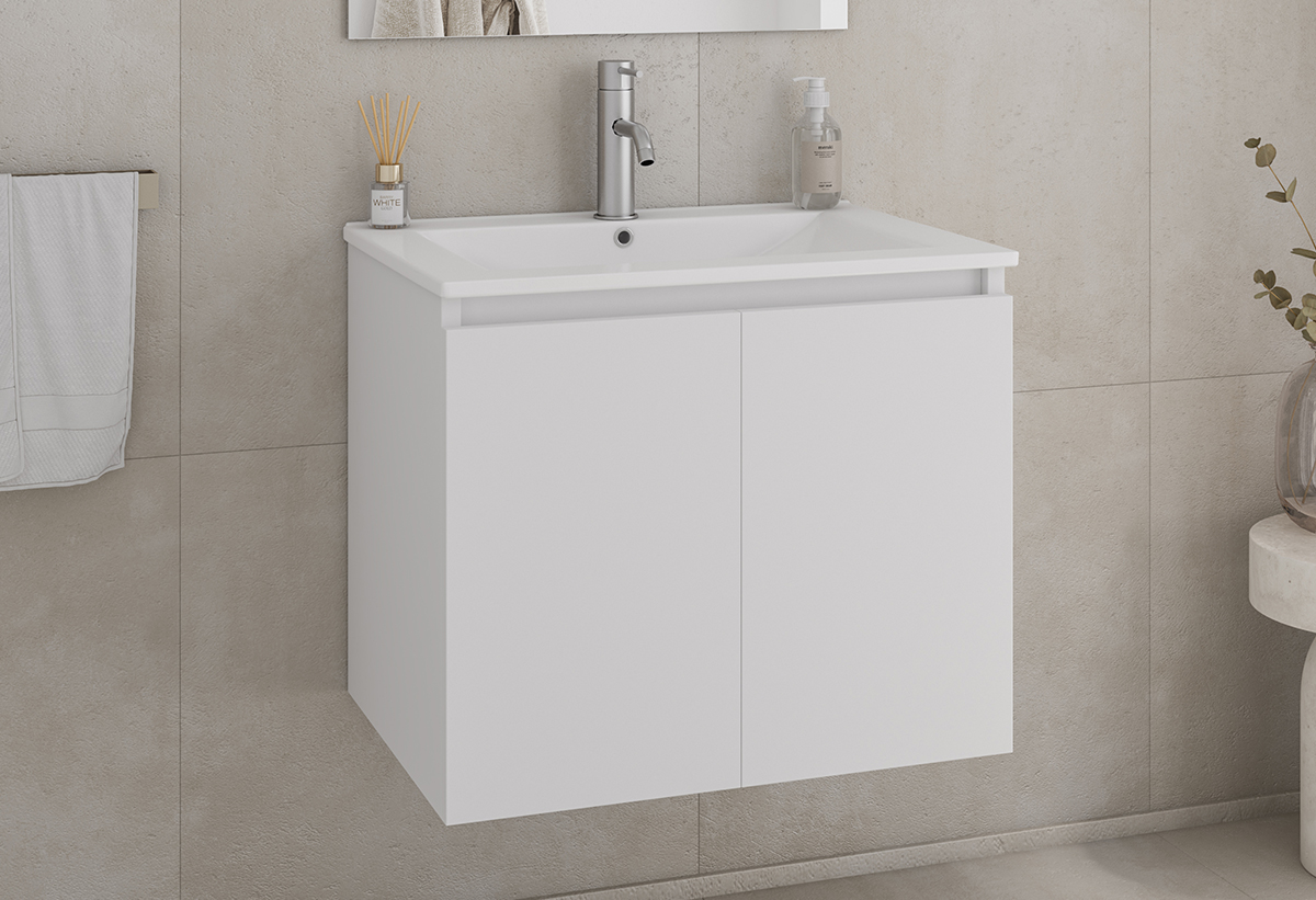 Απεικονίζεται ο πάγκος και ο νιπτήρας του επίπλου μπάνιου